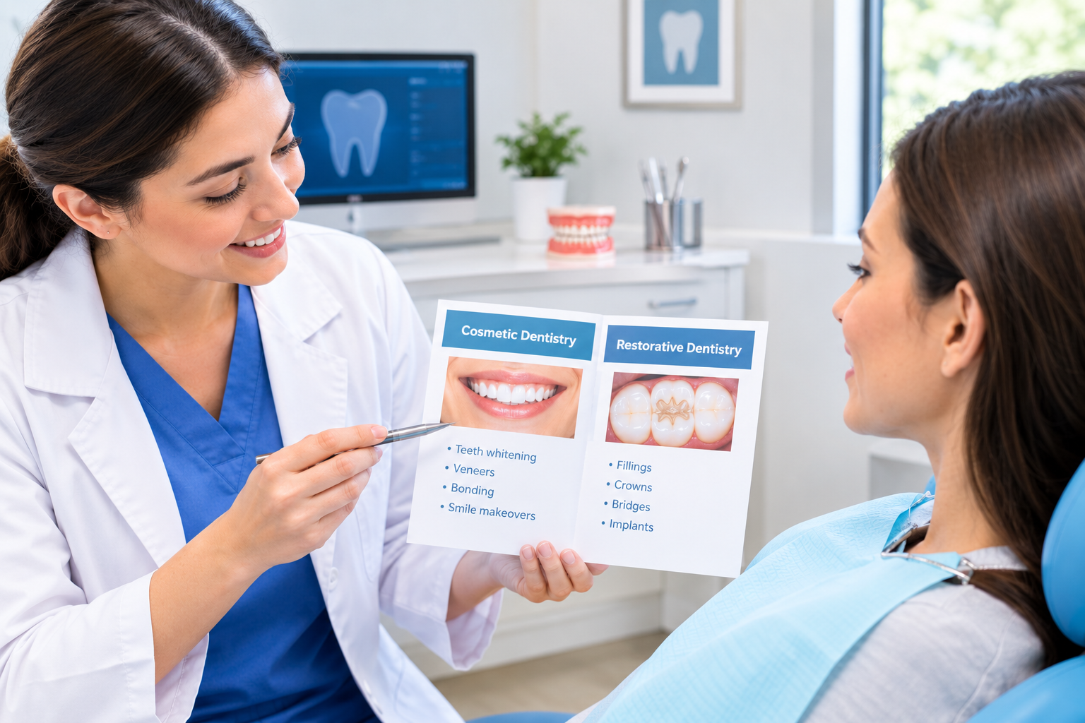 Comparison of cosmetic dental care and restorative dentistry treatments for improving smile appearance and repairing damaged teeth