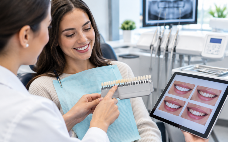Cosmetic dental treatments for improving smile appearance, including teeth whitening, veneers, and dental crowns